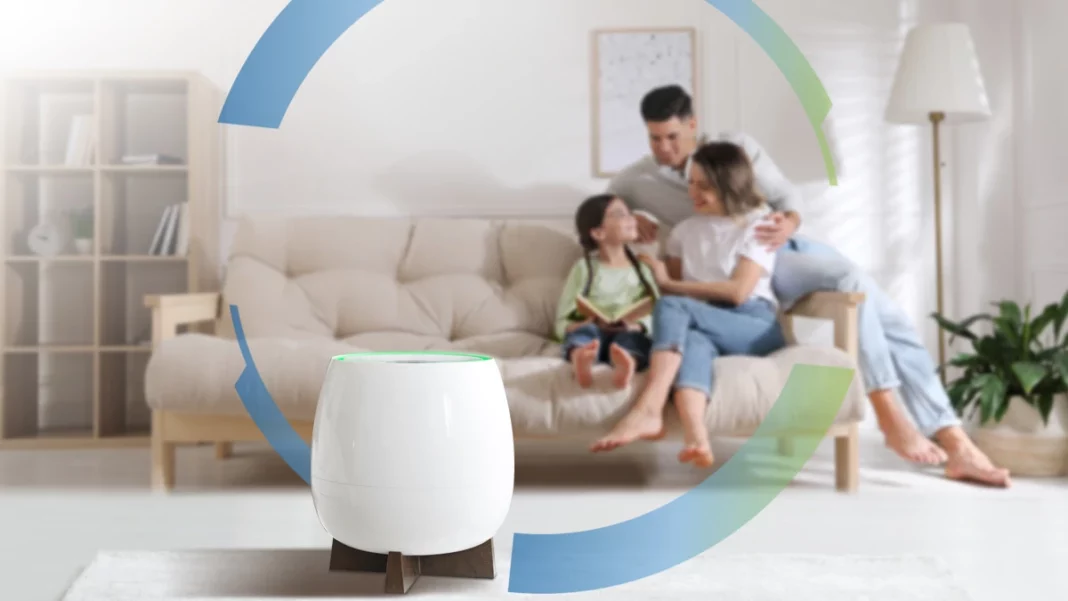 family sitting on couch with Homepure maintenance guide