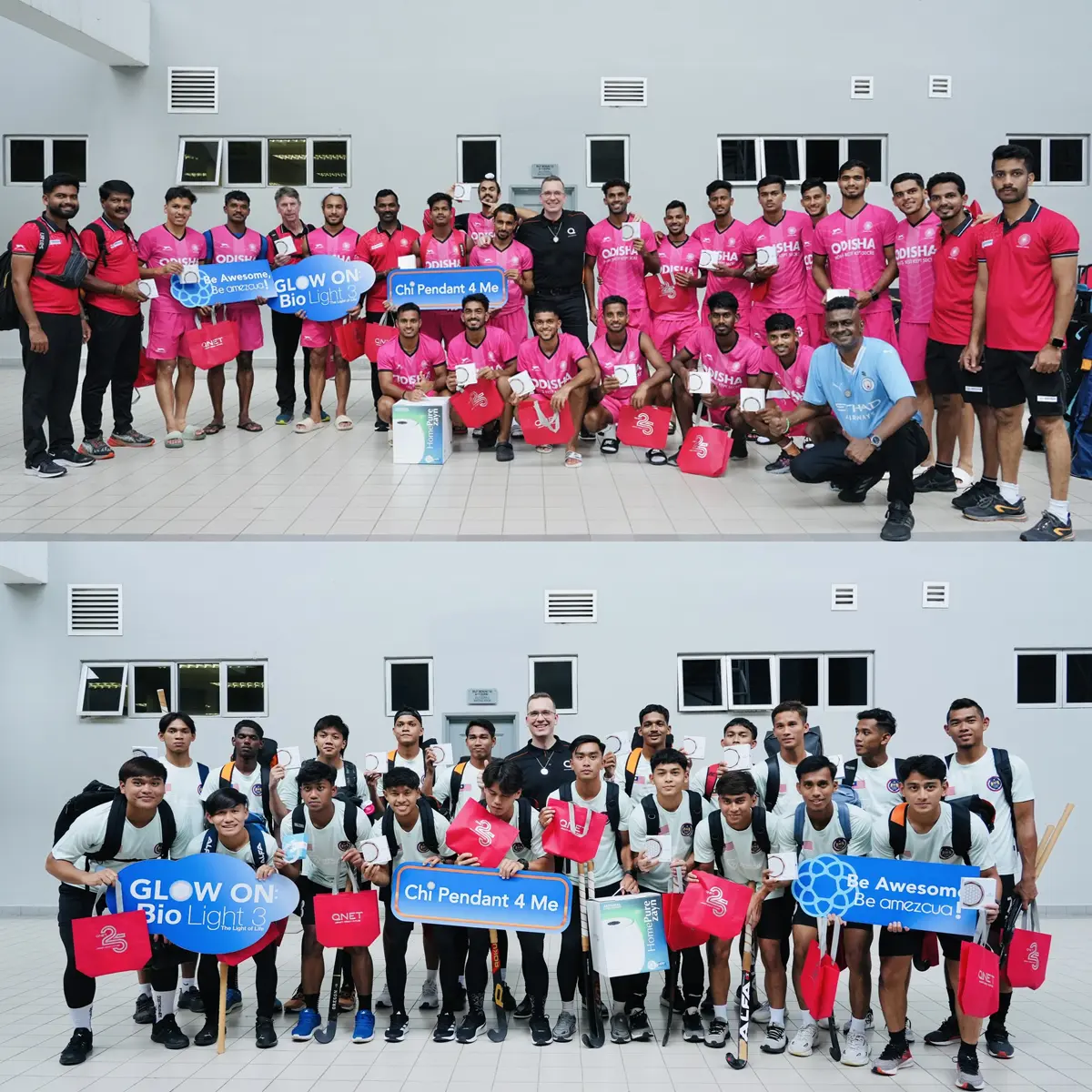 Another QNET sports commitment milestone! India and Malaysia teams pose with QNET products before their friendly match to kick off the thirteenth Junior Hockey World Cup 