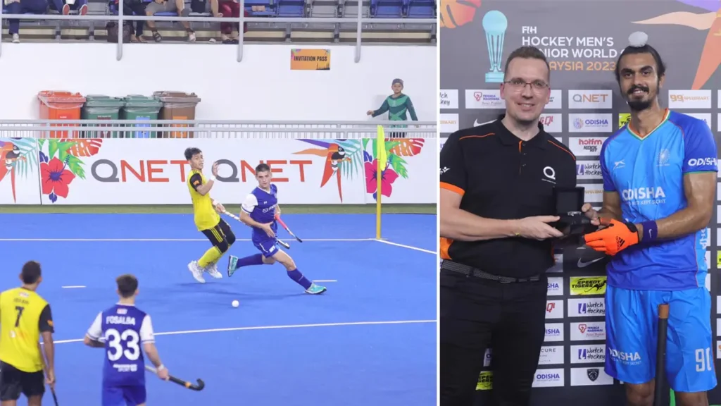 Left - Malaysia vs Chile match with QNET's logo shown behind on the barriers; Right - Trevor Kuna presents India vs South Korea's Man of the Match Hundal Araijeet Singh from India with a Bernhard H. Mayer watch 