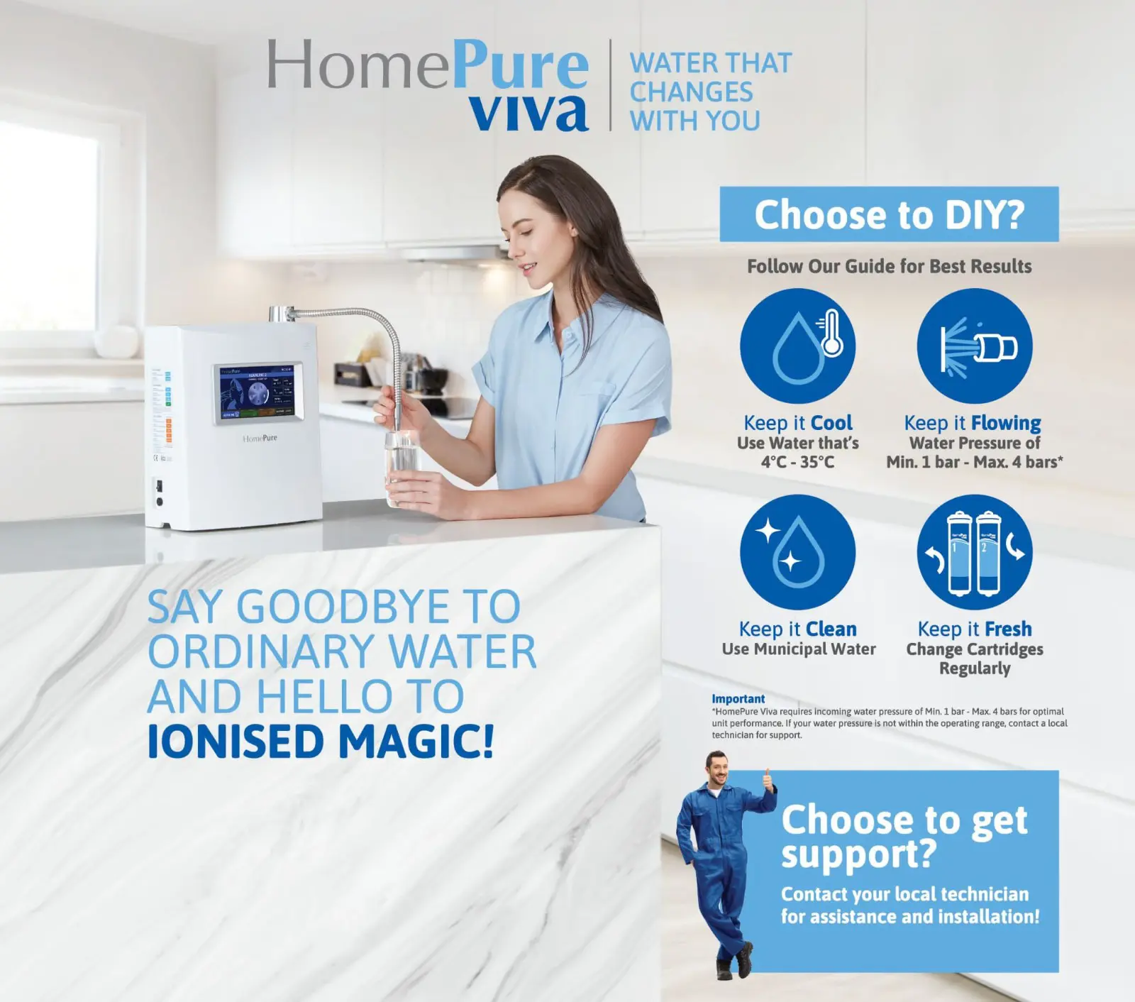 HomePure Viva banner giving an overview of two options for installing the unit: DIY or with expert help