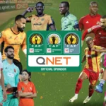 Collage of football players from Africa with QNET-CAF sports partnership lock-up logo