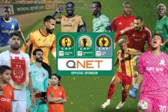 Collage of football players from Africa with QNET-CAF sports partnership lock-up logo