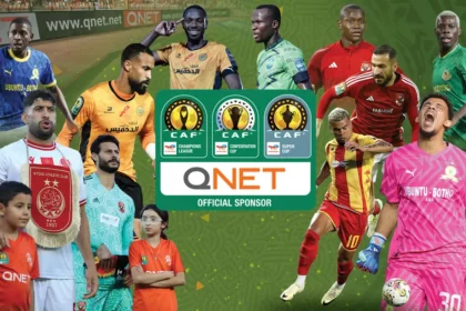 Collage of football players from Africa with QNET-CAF sports partnership lock-up logo