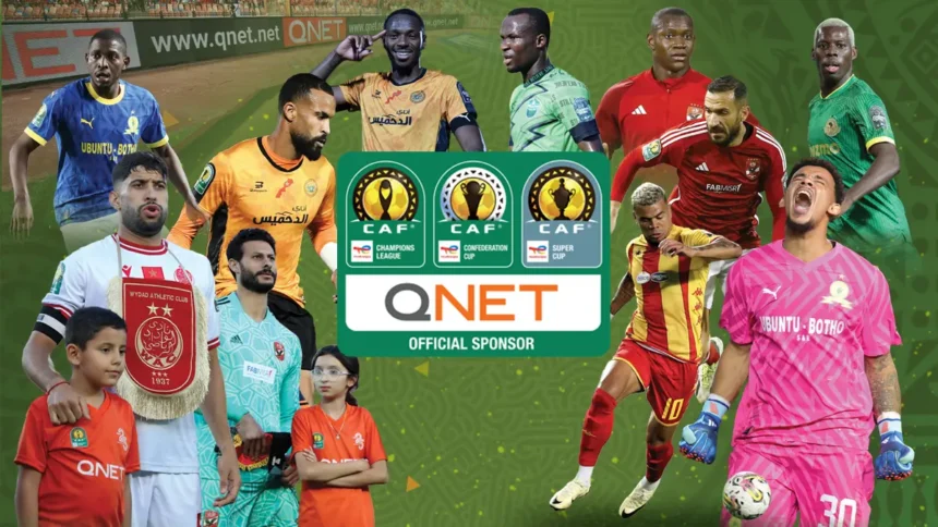 Collage of football players from Africa with QNET-CAF sports partnership lock-up logo