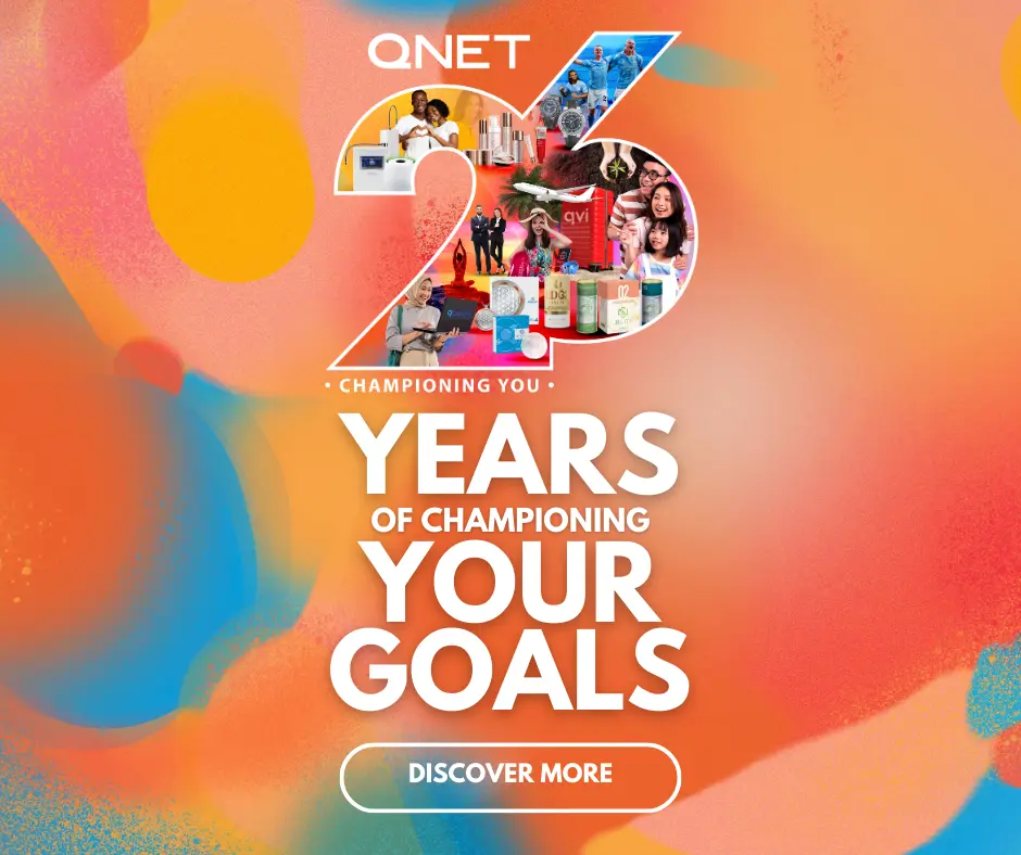 QNET Anniversary banner inviting readers to discover more about QNET's 26 years of championing your goals