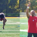 a still of QNET IR Anup Debnath's successful Guinness World Record attempt at 21 back handsprings and then posing for the camera with Amezcua wellness product, Chi Pendant 4, around his neck afterwards