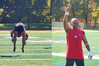 a still of QNET IR Anup Debnath's successful Guinness World Record attempt at 21 back handsprings and then posing for the camera with Amezcua wellness product, Chi Pendant 4, around his neck afterwards